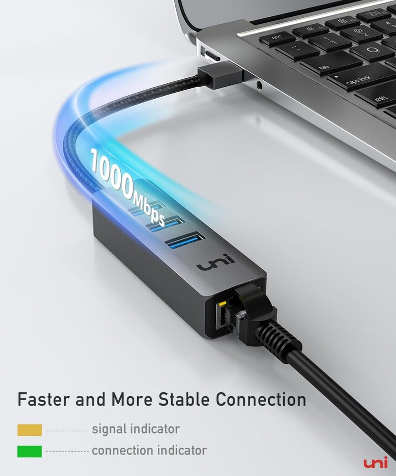 uni USB to Ethernet Adapter, USB 3.0 Hub with 100/1000 Mbps RJ45 Ethernet Driver Free, Sturdy Aluminum 4-in-1 USB-A to LAN Network Adapter Compatible with iMac, PC, Chromebook Laptops, and More - Image 2